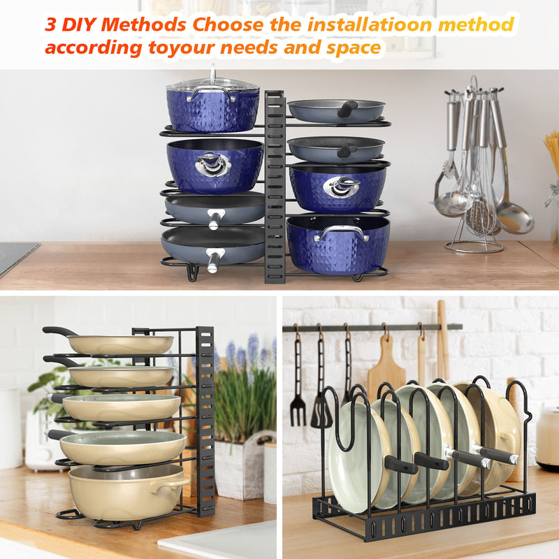 Pot and pan organizer, Pot Lid Holders & Pan Rack, Multiple DIY methods 8 tier pot racks, adjustable kitchen organization and storage for pots and pans.